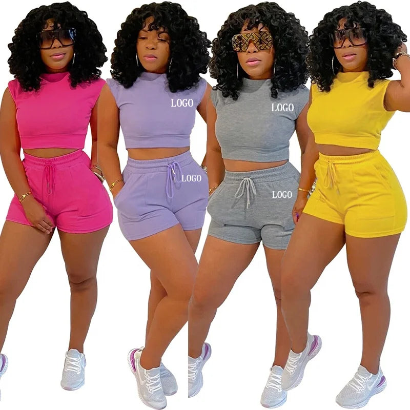 Summer 2023 Wholesale Tracksuit Explosion Women'S Suit Shorts T-Shirt Suit Solid Color Sports Leisure Custom Logo Two Piece Set