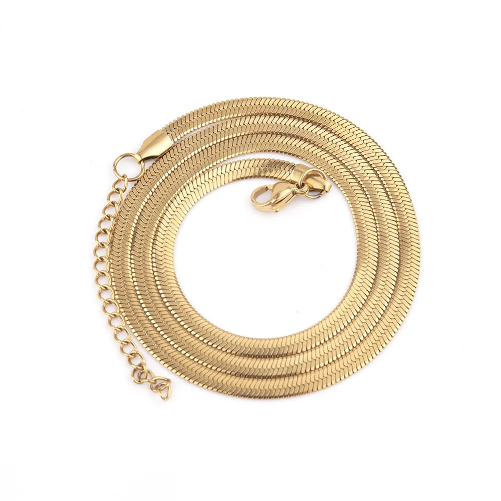 Wholesale 18k Gold Plated Herringbone Chain Choker Necklace Stainless Steel Flat Snake Chain Layer Women Necklace Trendy Jewelry