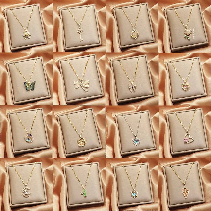 Trendy Jewelry Design 18k Gold Plated Necklace Stainless Steel Heart Butterfly Leaf Zircon Pendant Necklace Set for Women
