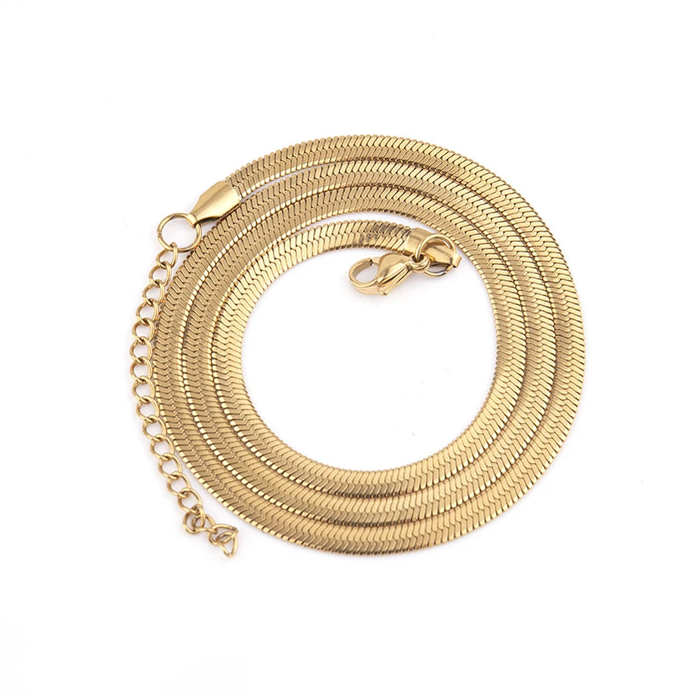 Wholesale 18k Gold Plated Herringbone Chain Choker Necklace Stainless Steel Flat Snake Chain Layer Women Necklace Trendy Jewelry