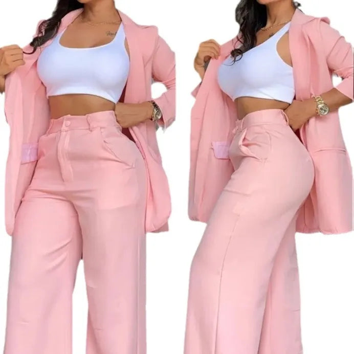 Elegant Pink Button Business Suit Set Women Formal Blazer and Pants Set Office Lady 2 Piece Outfit  Anti-pilling Women Sets
