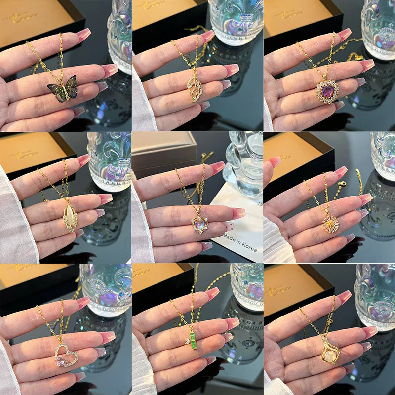 Trendy Jewelry Design 18k Gold Plated Necklace Stainless Steel Heart Butterfly Leaf Zircon Pendant Necklace Set for Women