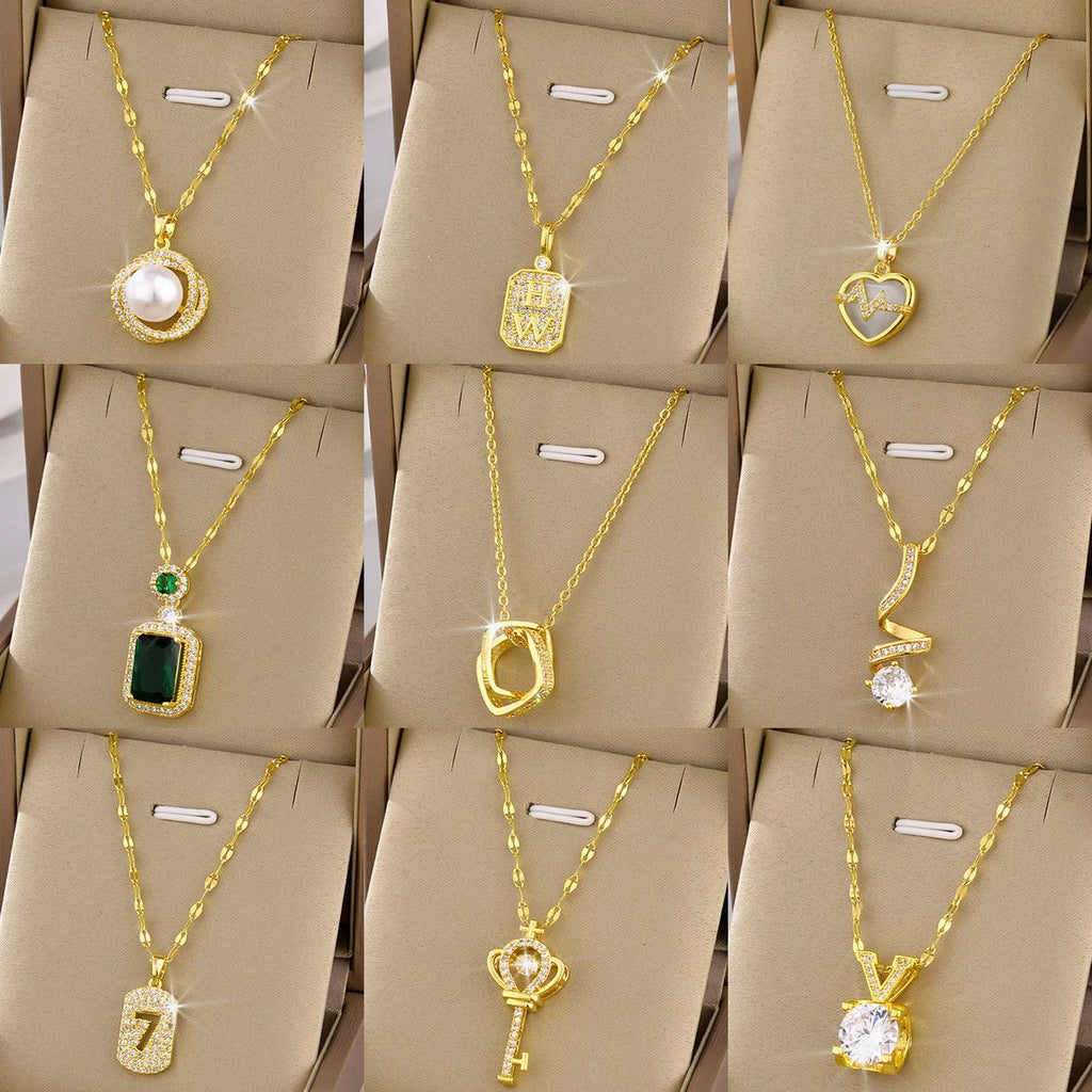 Hot Selling Waterproof 18k Gold Plated Stainless Steel Necklace Zircon Cross Heart Butterfly Letter Pendant Necklace for Women