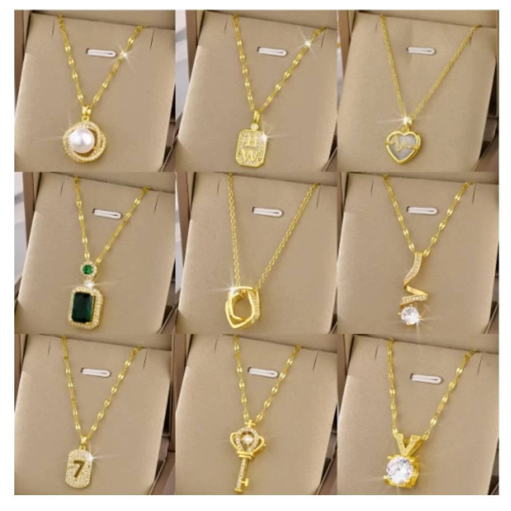 Hot Selling Waterproof 18k Gold Plated Stainless Steel Necklace Zircon Cross Heart Butterfly Letter Pendant Necklace for Women