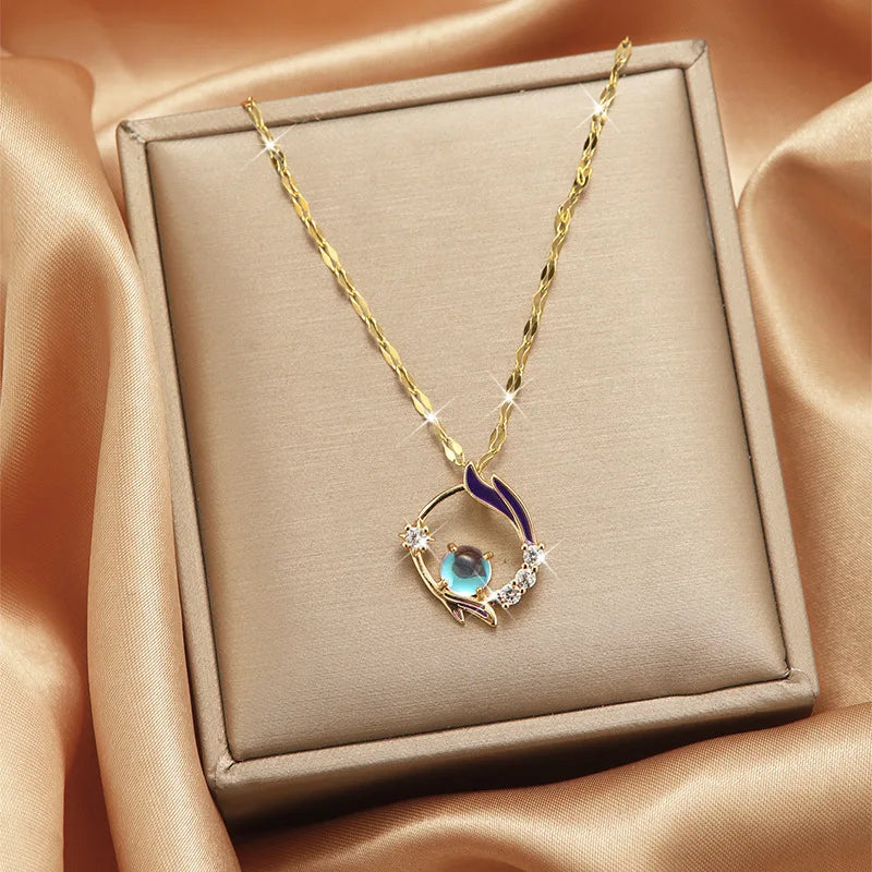 Trendy Jewelry Design 18k Gold Plated Necklace Stainless Steel Heart Butterfly Leaf Zircon Pendant Necklace Set for Women