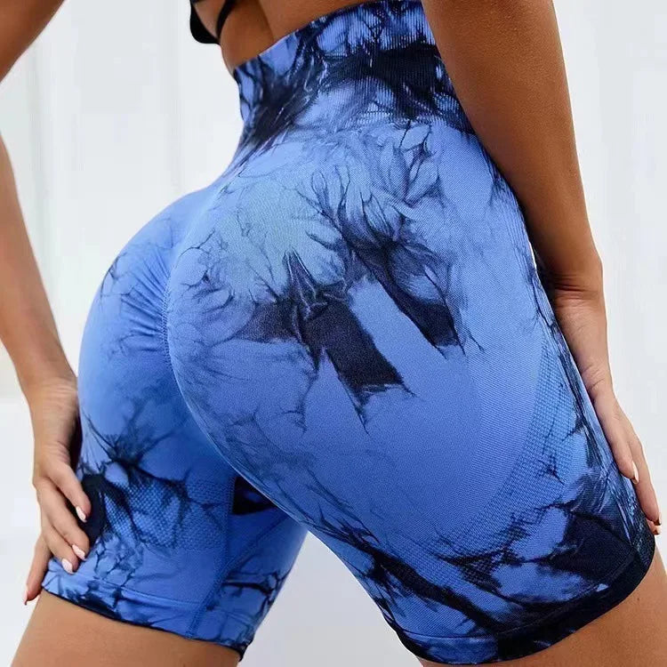 俯卧撑扎染打底裤短裤健美臀部紧缩短裤女弹力高腰俯卧撑瑜伽健身短裤