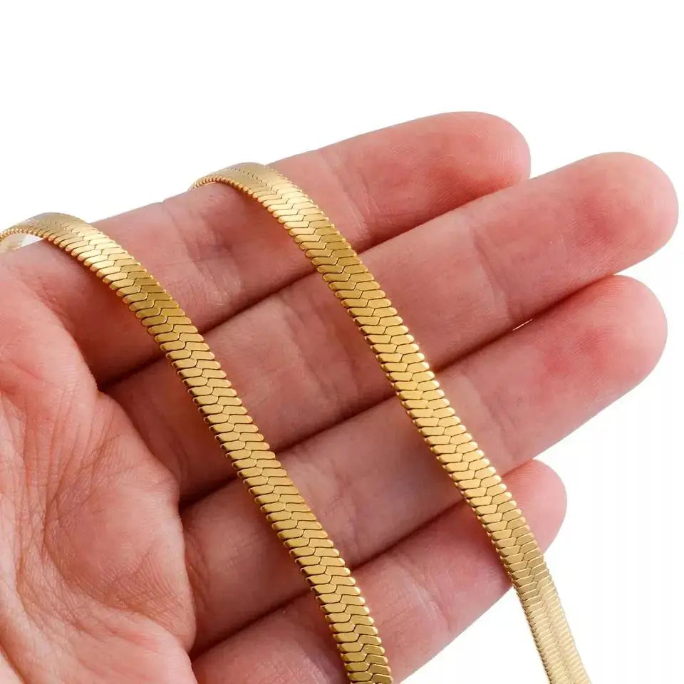 Wholesale 18k Gold Plated Herringbone Chain Choker Necklace Stainless Steel Flat Snake Chain Layer Women Necklace Trendy Jewelry