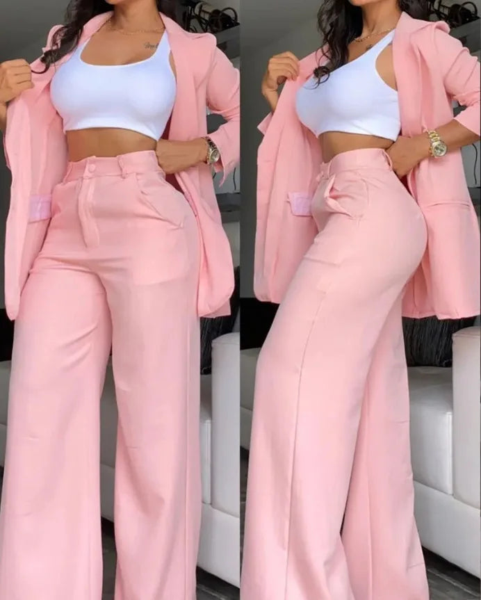 Elegant Pink Button Business Suit Set Women Formal Blazer and Pants Set Office Lady 2 Piece Outfit  Anti-pilling Women Sets