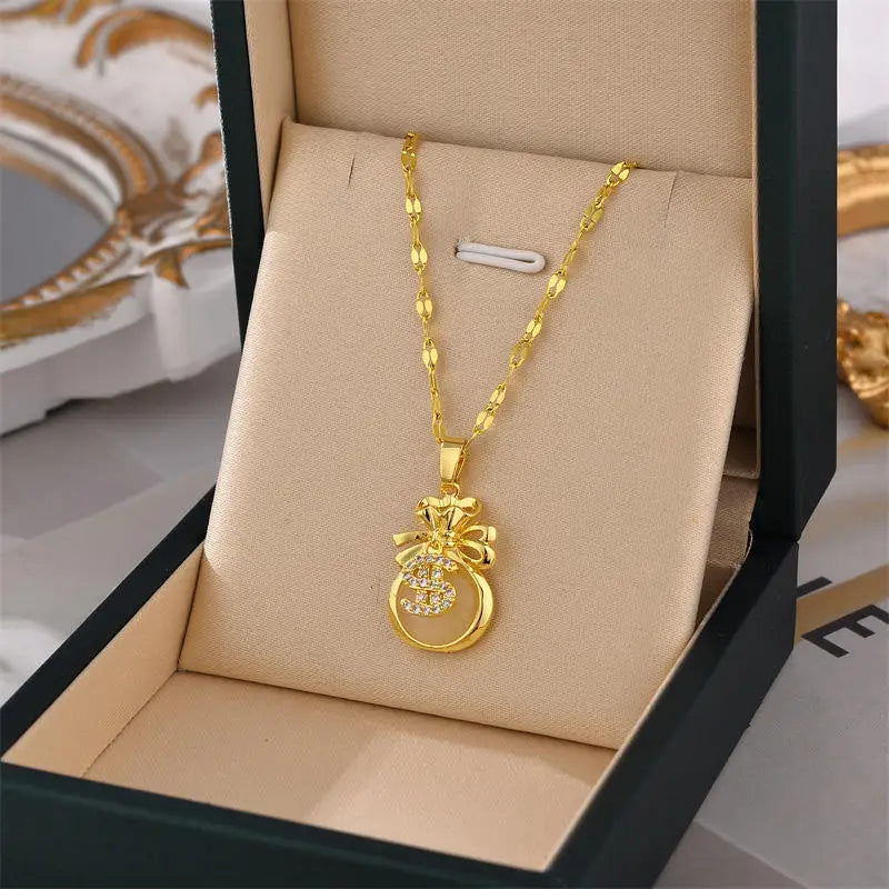 Hot Selling Waterproof 18k Gold Plated Stainless Steel Necklace Zircon Cross Heart Butterfly Letter Pendant Necklace for Women
