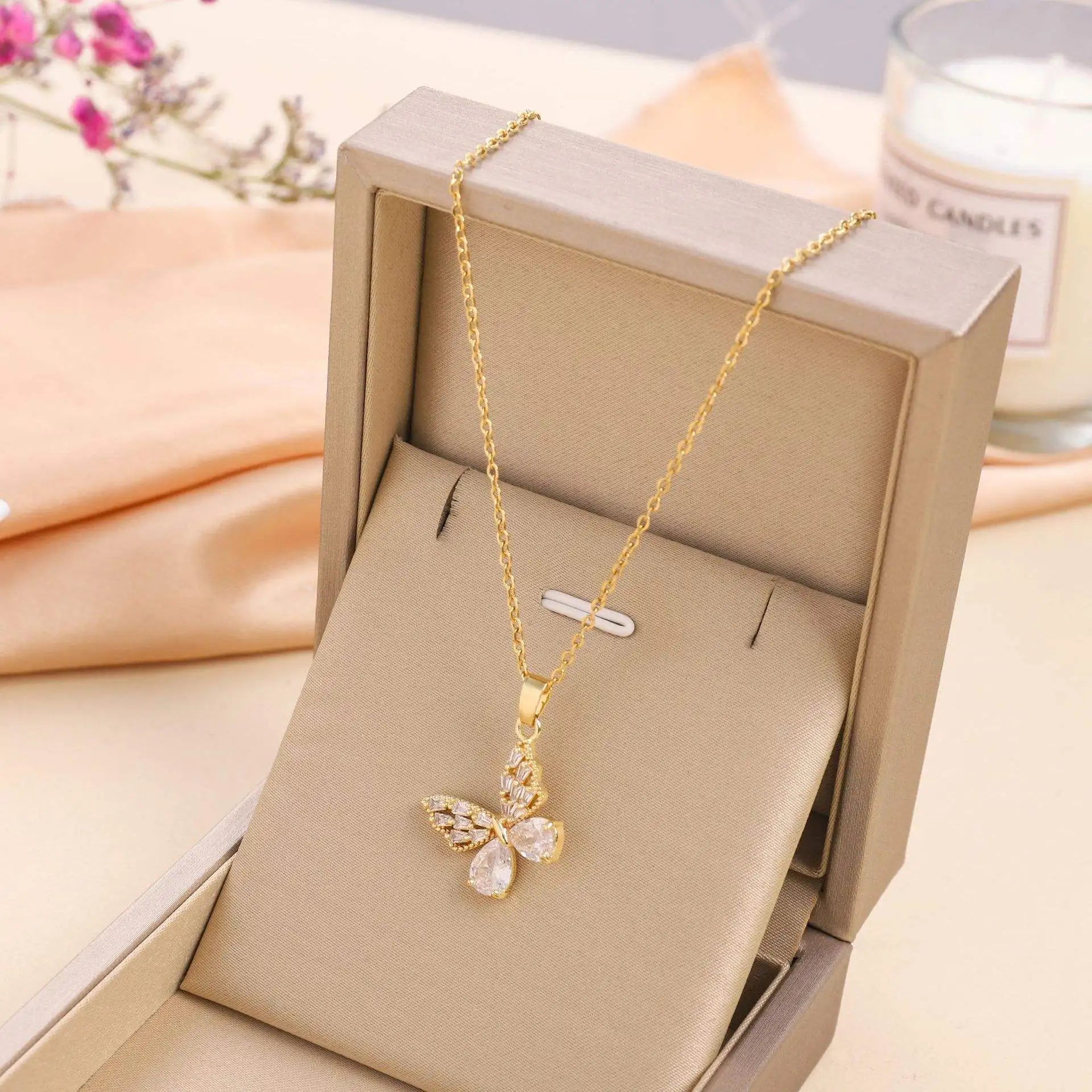 Hot Selling Waterproof 18k Gold Plated Stainless Steel Necklace Zircon Cross Heart Butterfly Letter Pendant Necklace for Women