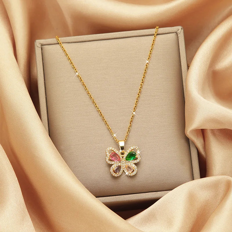 Trendy Jewelry Design 18k Gold Plated Necklace Stainless Steel Heart Butterfly Leaf Zircon Pendant Necklace Set for Women