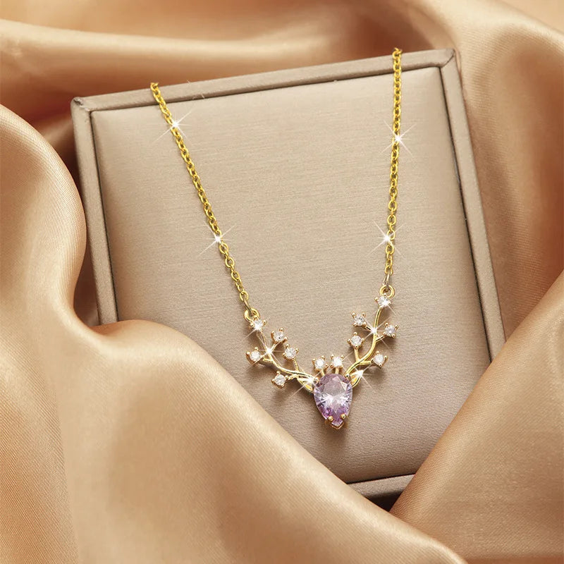 Trendy Jewelry Design 18k Gold Plated Necklace Stainless Steel Heart Butterfly Leaf Zircon Pendant Necklace Set for Women