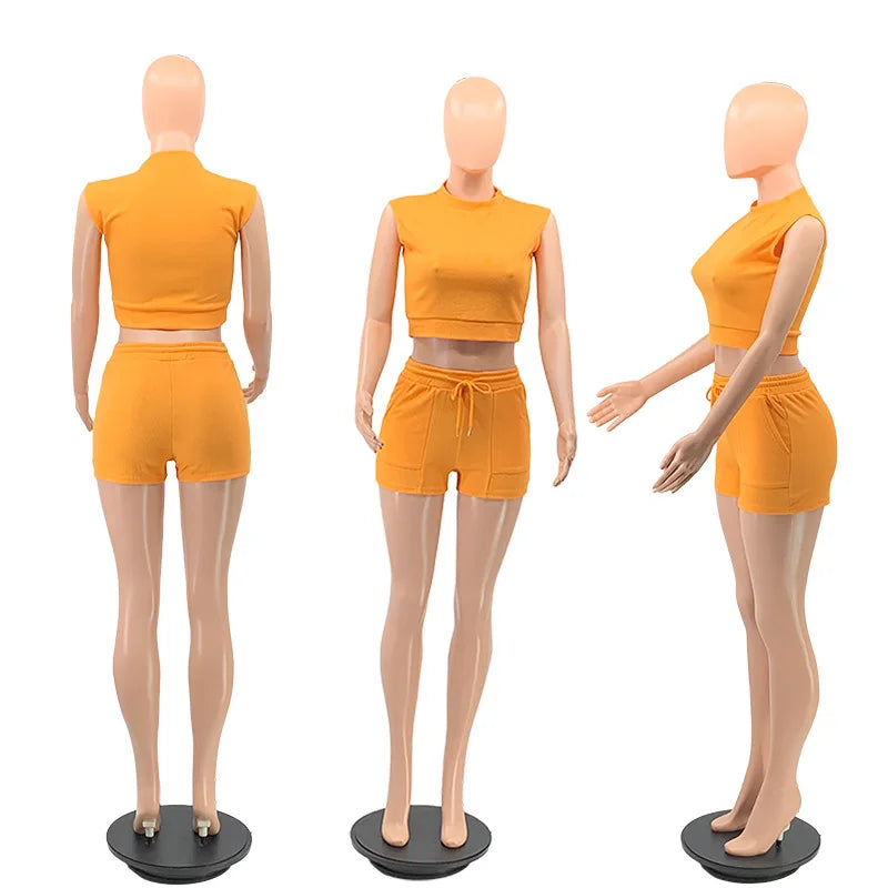 Summer 2023 Wholesale Tracksuit Explosion Women'S Suit Shorts T-Shirt Suit Solid Color Sports Leisure Custom Logo Two Piece Set