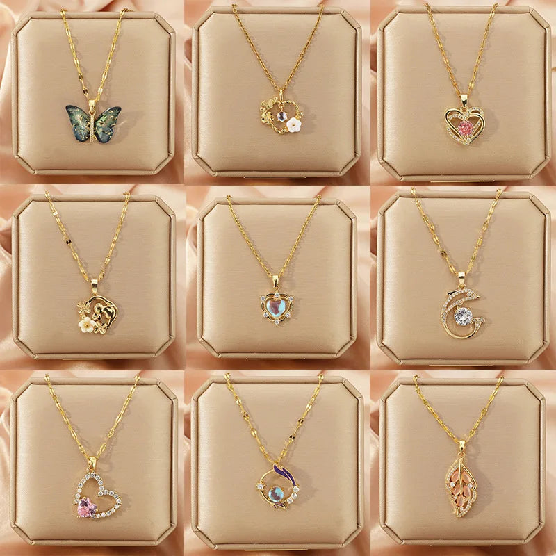 Trendy Jewelry Design 18k Gold Plated Necklace Stainless Steel Heart Butterfly Leaf Zircon Pendant Necklace Set for Women