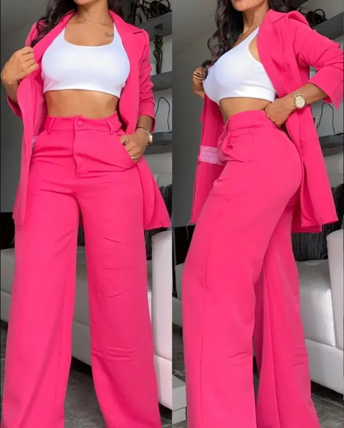 Elegant Pink Button Business Suit Set Women Formal Blazer and Pants Set Office Lady 2 Piece Outfit  Anti-pilling Women Sets