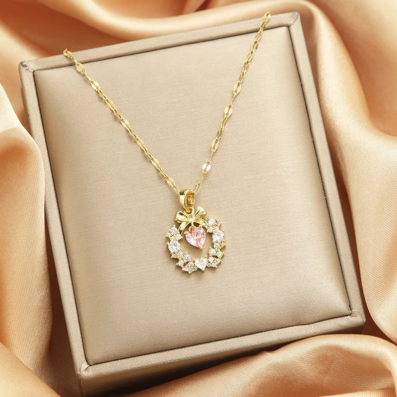 Trendy Jewelry Design 18k Gold Plated Necklace Stainless Steel Heart Butterfly Leaf Zircon Pendant Necklace Set for Women