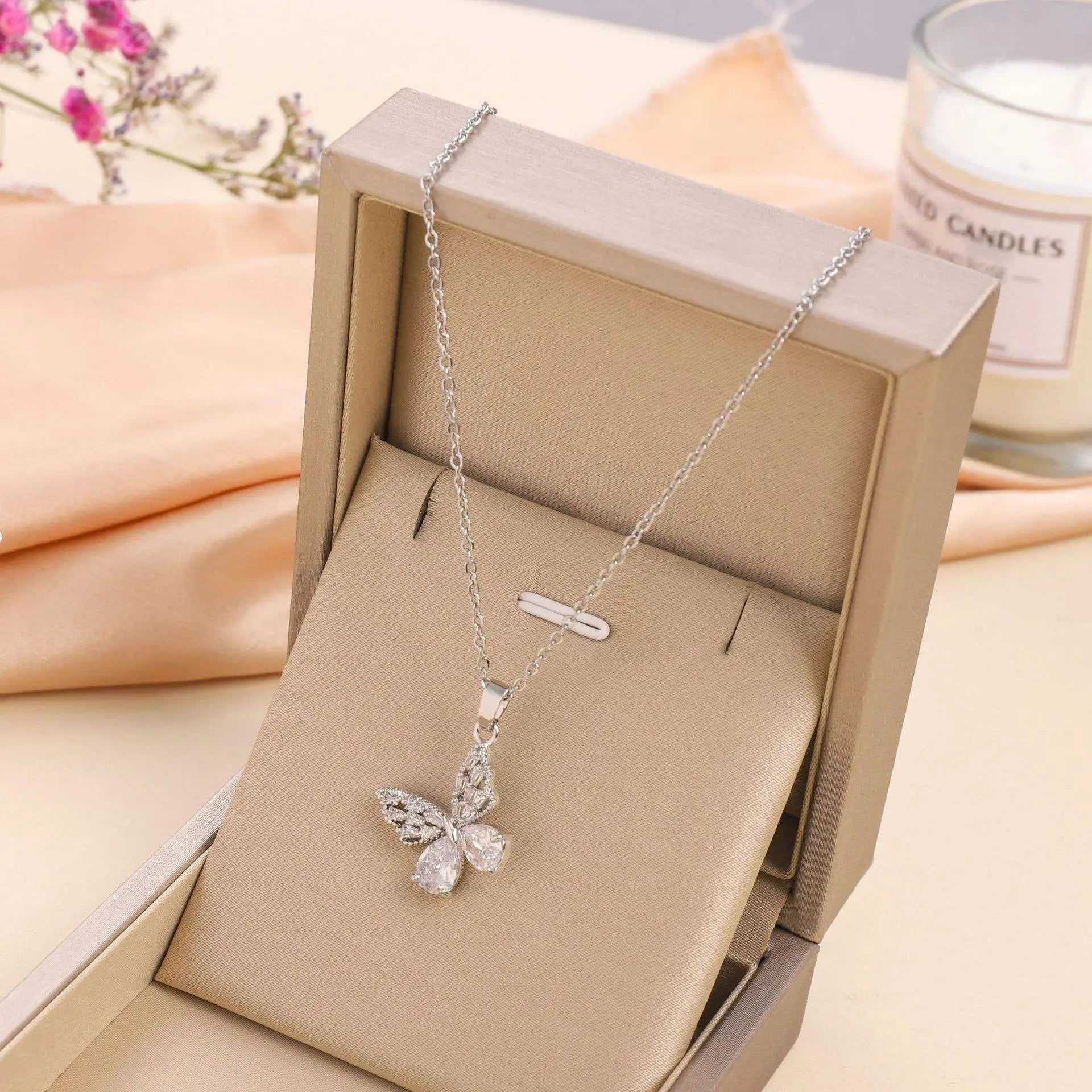 Hot Selling Waterproof 18k Gold Plated Stainless Steel Necklace Zircon Cross Heart Butterfly Letter Pendant Necklace for Women
