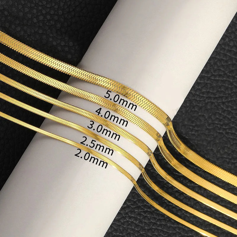 Wholesale 18k Gold Plated Herringbone Chain Choker Necklace Stainless Steel Flat Snake Chain Layer Women Necklace Trendy Jewelry