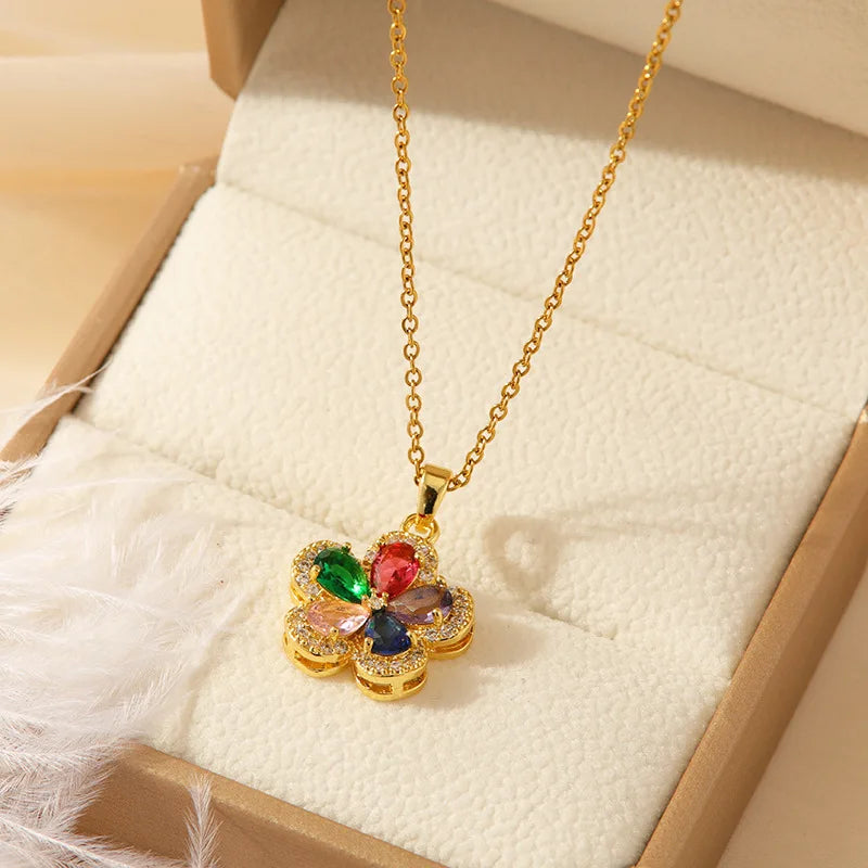 Trendy Jewelry Design 18k Gold Plated Necklace Stainless Steel Heart Butterfly Leaf Zircon Pendant Necklace Set for Women