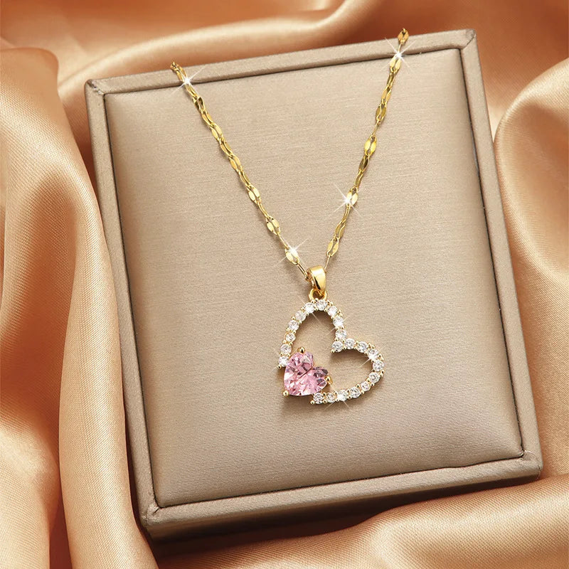 Trendy Jewelry Design 18k Gold Plated Necklace Stainless Steel Heart Butterfly Leaf Zircon Pendant Necklace Set for Women