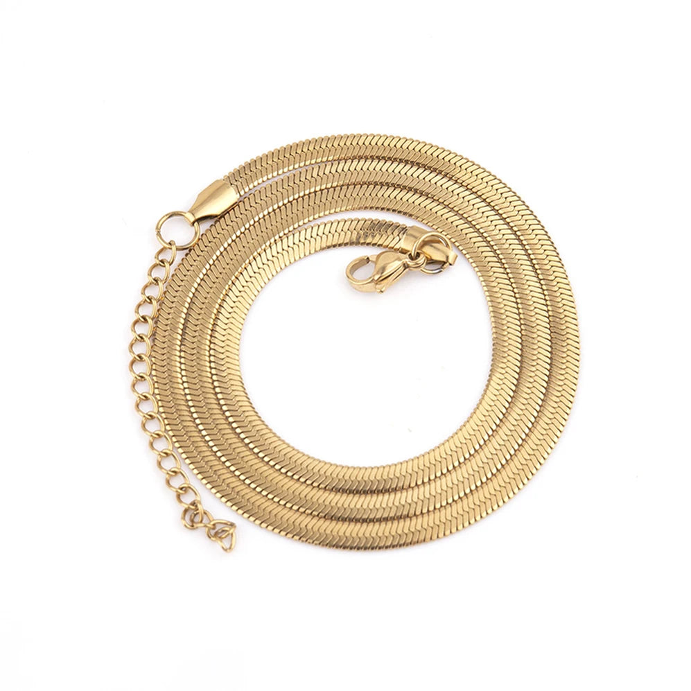 Wholesale 18k Gold Plated Herringbone Chain Choker Necklace Stainless Steel Flat Snake Chain Layer Women Necklace Trendy Jewelry