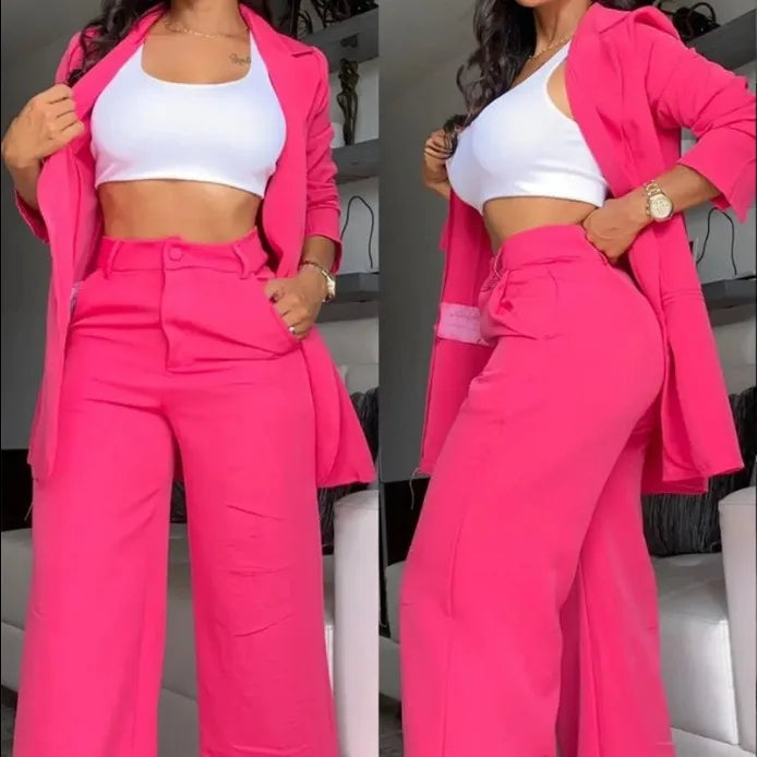 Elegant Pink Button Business Suit Set Women Formal Blazer and Pants Set Office Lady 2 Piece Outfit  Anti-pilling Women Sets