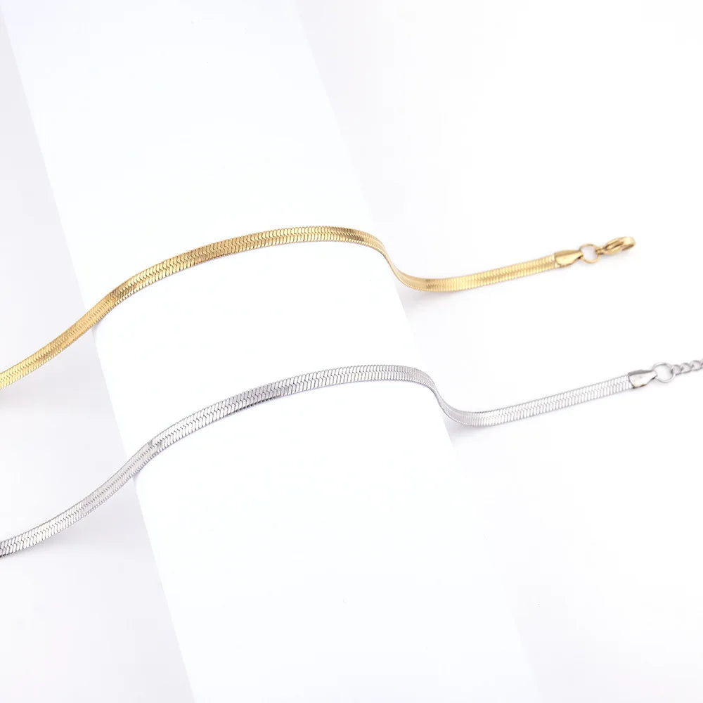 Wholesale 18k Gold Plated Herringbone Chain Choker Necklace Stainless Steel Flat Snake Chain Layer Women Necklace Trendy Jewelry