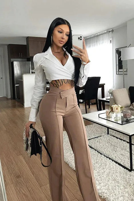 Hot Sale C230135 Daily Stretch Fabric Zipper Fly Long Straight Pants Solid Formal Trousers Women's Clothing