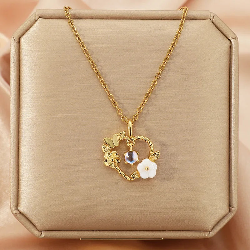 Trendy Jewelry Design 18k Gold Plated Necklace Stainless Steel Heart Butterfly Leaf Zircon Pendant Necklace Set for Women