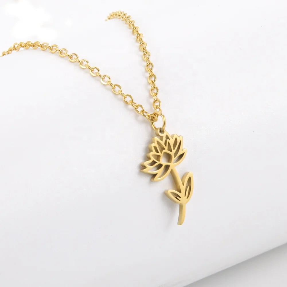 Birth Month Flower Necklace Snowdrop Daisy Rose Pendant Neck Chain Trendy Stainless Steel Jewelry Birthday Gift for Women Girls