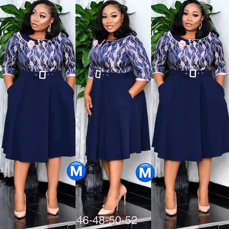 非洲针织夏季休闲圈领女装加大码印花针织连衣裙休闲连衣裙