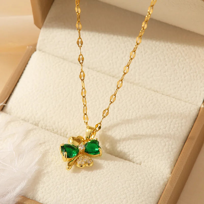 Trendy Jewelry Design 18k Gold Plated Necklace Stainless Steel Heart Butterfly Leaf Zircon Pendant Necklace Set for Women
