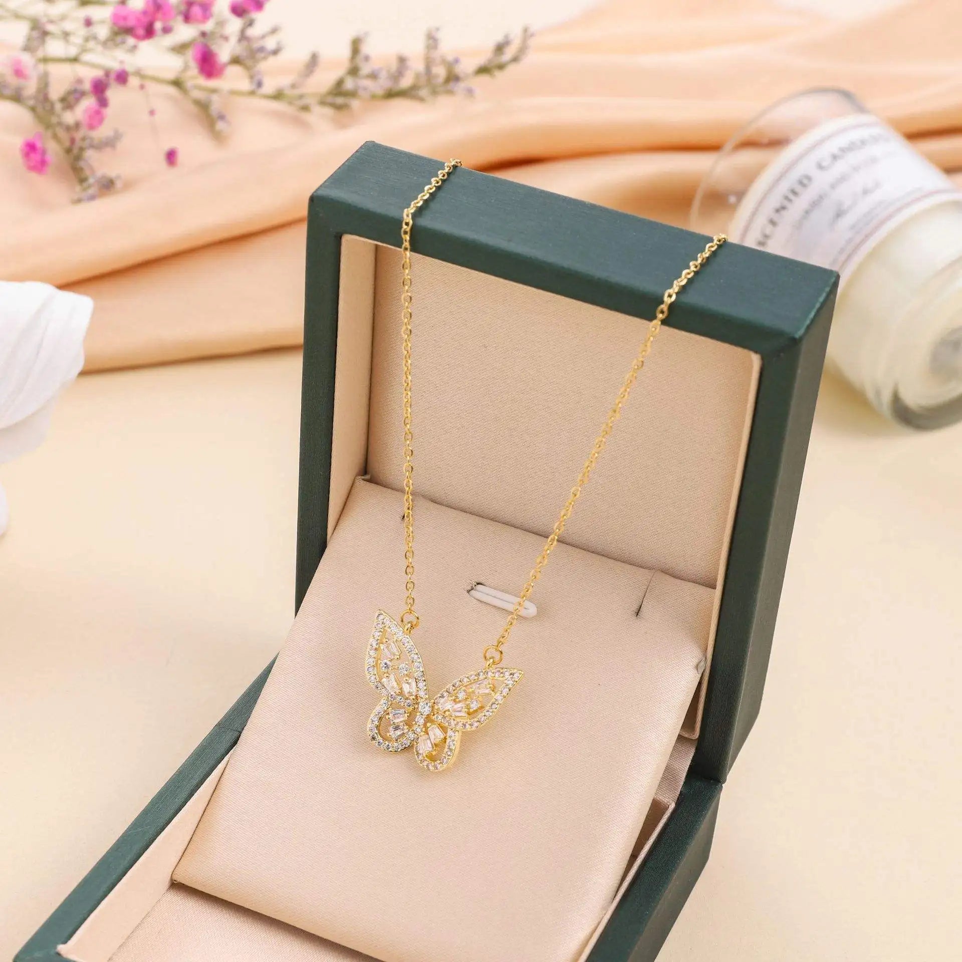 Hot Selling Waterproof 18k Gold Plated Stainless Steel Necklace Zircon Cross Heart Butterfly Letter Pendant Necklace for Women