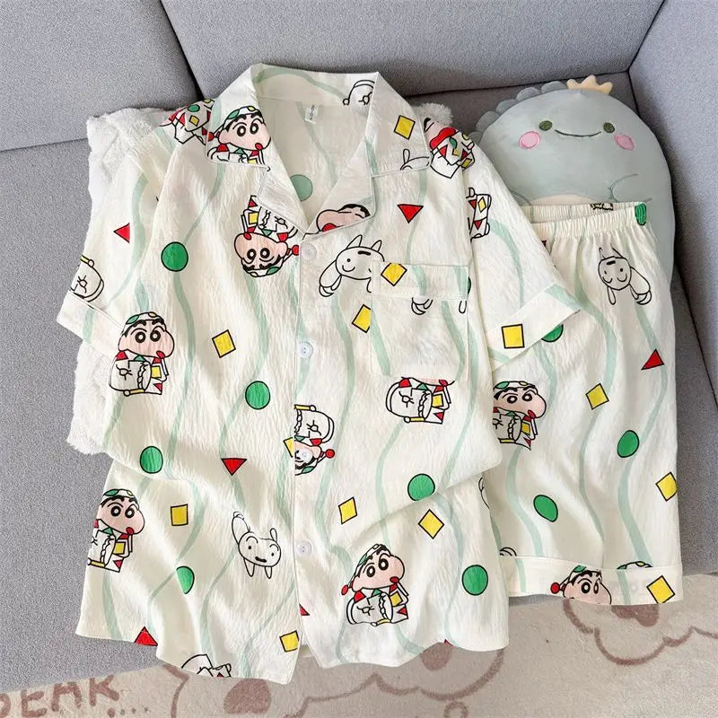 Crayon Shin-chan Pajamas Anime Cartoon Printing Kawaii Short Sleeve Shorts Two-piece Comfortable Home Suit Holiday Gifts