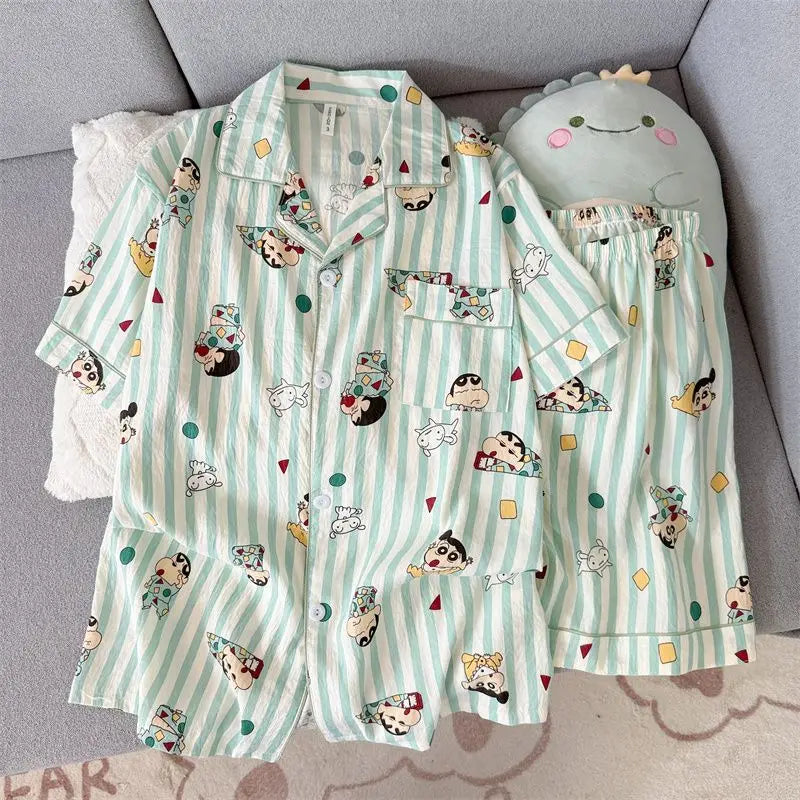 Crayon Shin-chan Pajamas Anime Cartoon Printing Kawaii Short Sleeve Shorts Two-piece Comfortable Home Suit Holiday Gifts