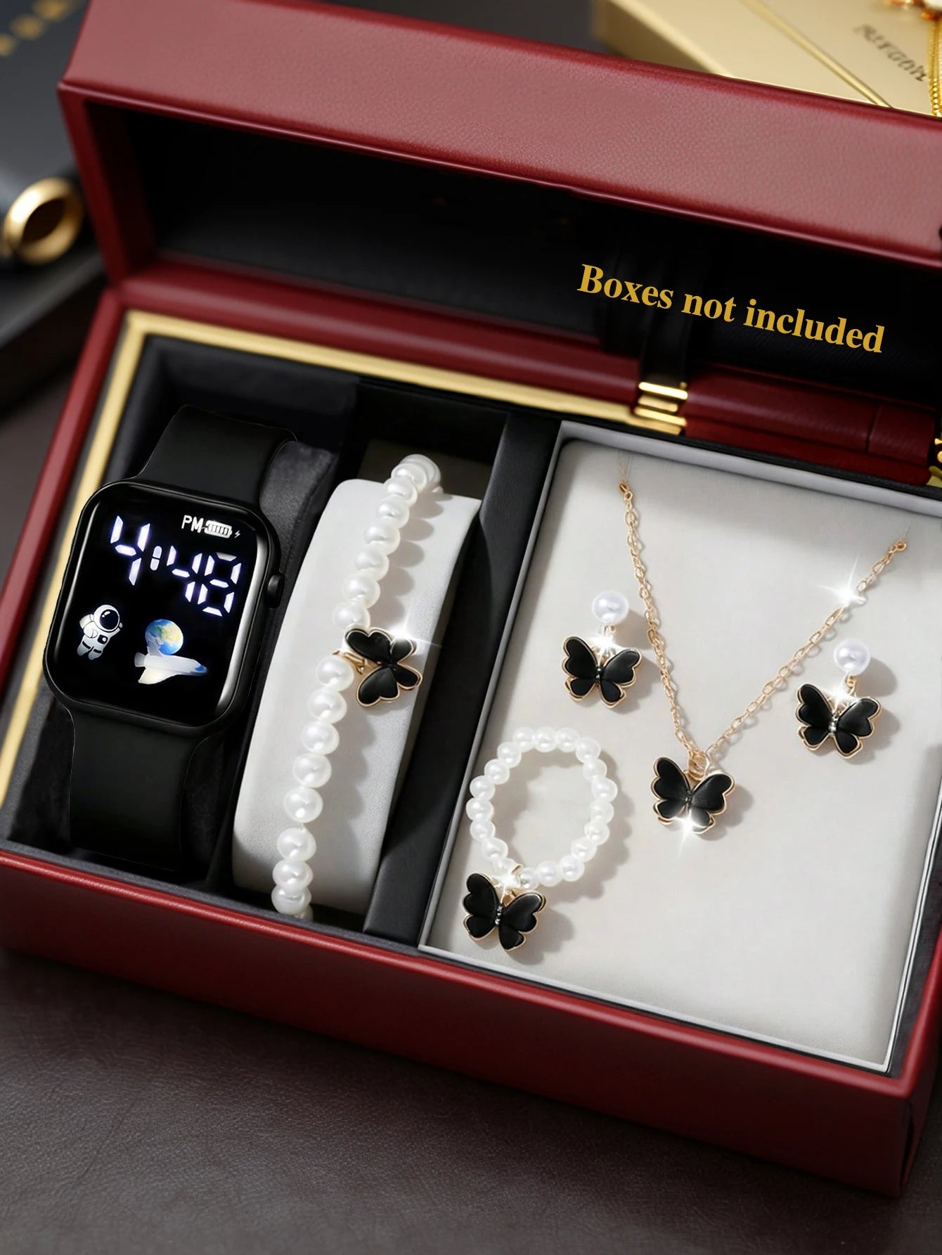 Square Electronic Watch Set with Beaded Butterfly Design And Spaceship Pattern Non-smartwatch Birthday Gift without Box