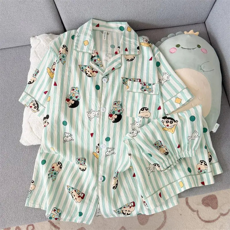 Crayon Shin-chan Pajamas Anime Cartoon Printing Kawaii Short Sleeve Shorts Two-piece Comfortable Home Suit Holiday Gifts