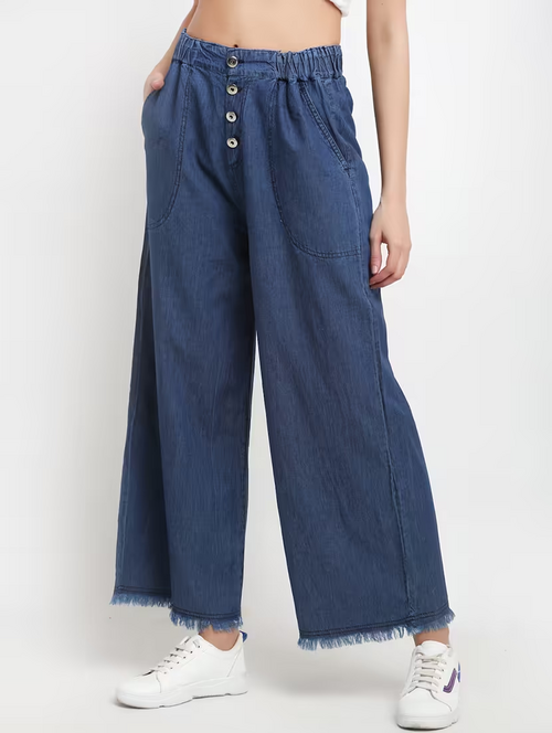 Womens Crepe Self Design Palazzo Pants    (SIZE-2XL) (COLOR-BLUE)